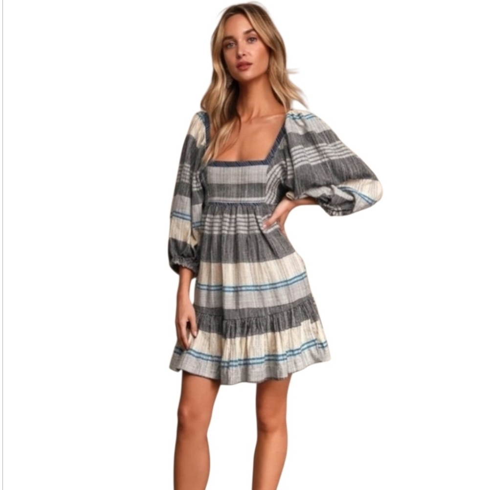 Free People Cozy Striped Mini Dress Indigo Combo Blue/Cream Balloon Sleeve Small